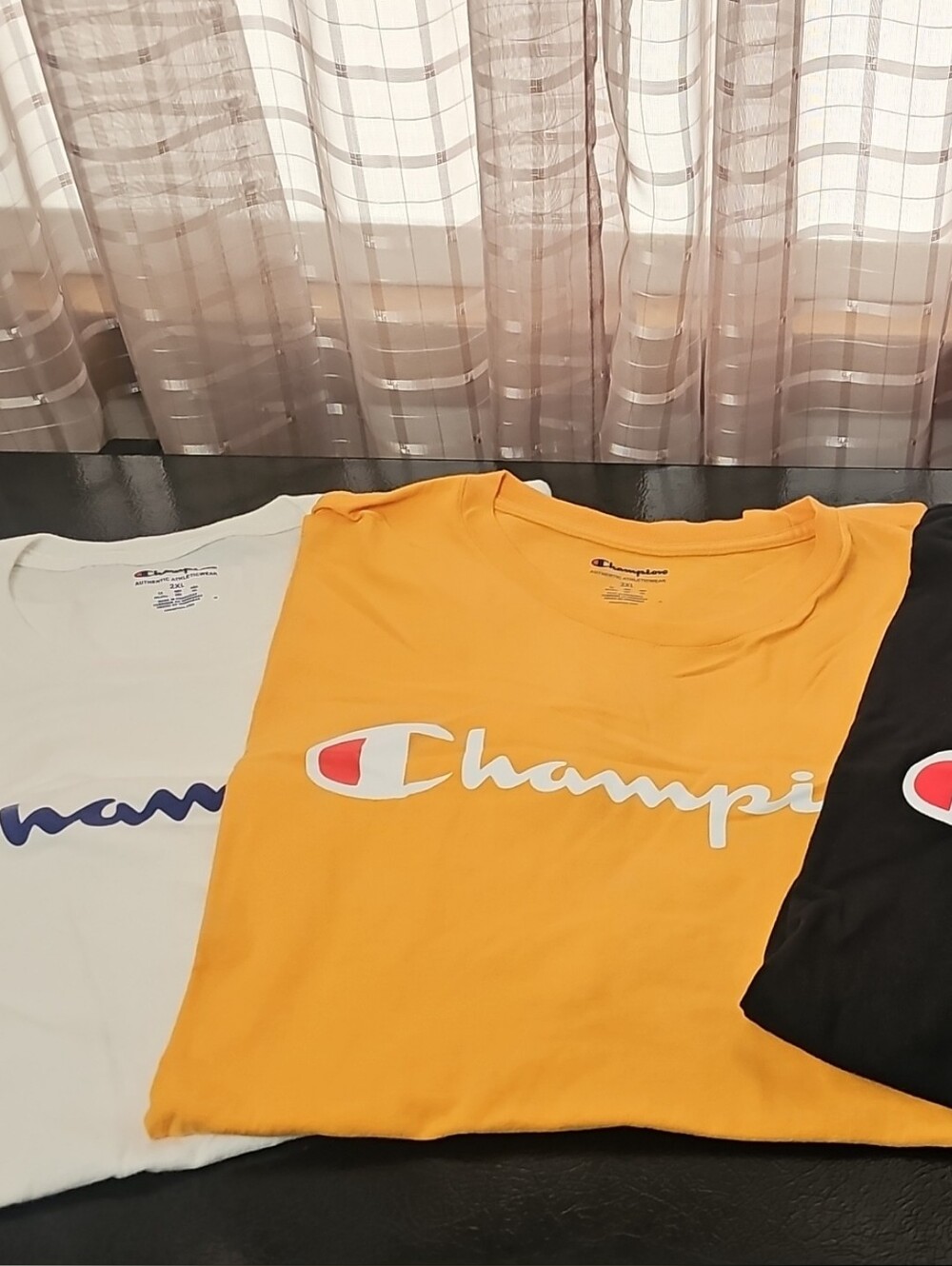 3- Champion Short-Sleeve Logo Tees — Yellow, Black & White
